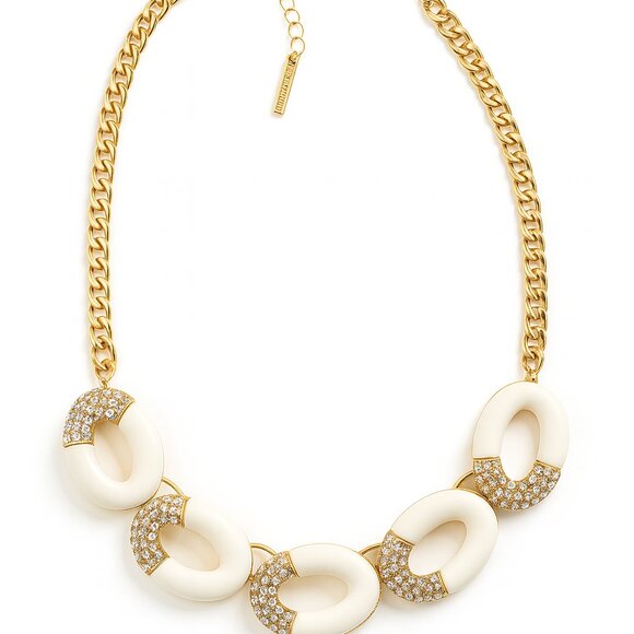 T Tahari White Lucite & Rhinestone Signed Statement Necklace - Picture 3 of 7